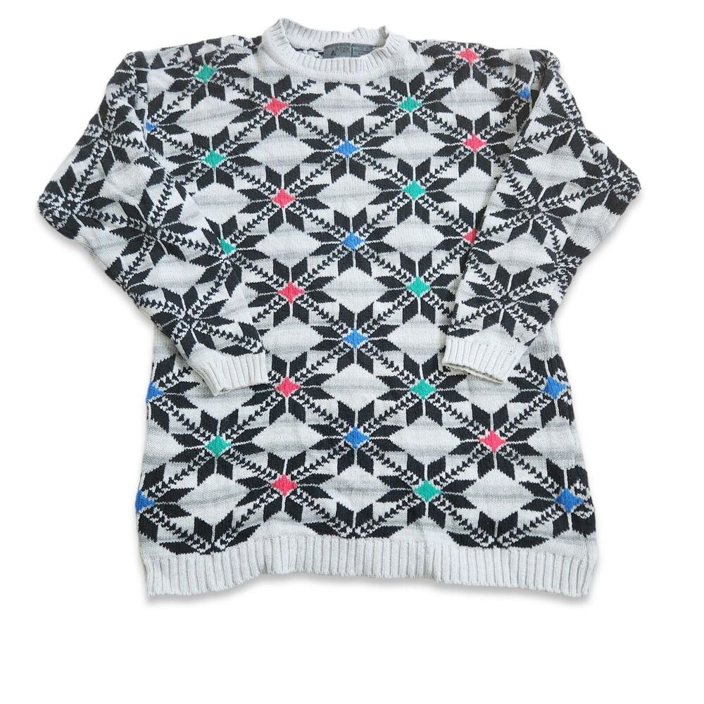 Liz Claiborne black snowflake all over print women's cotton long ski sweater L